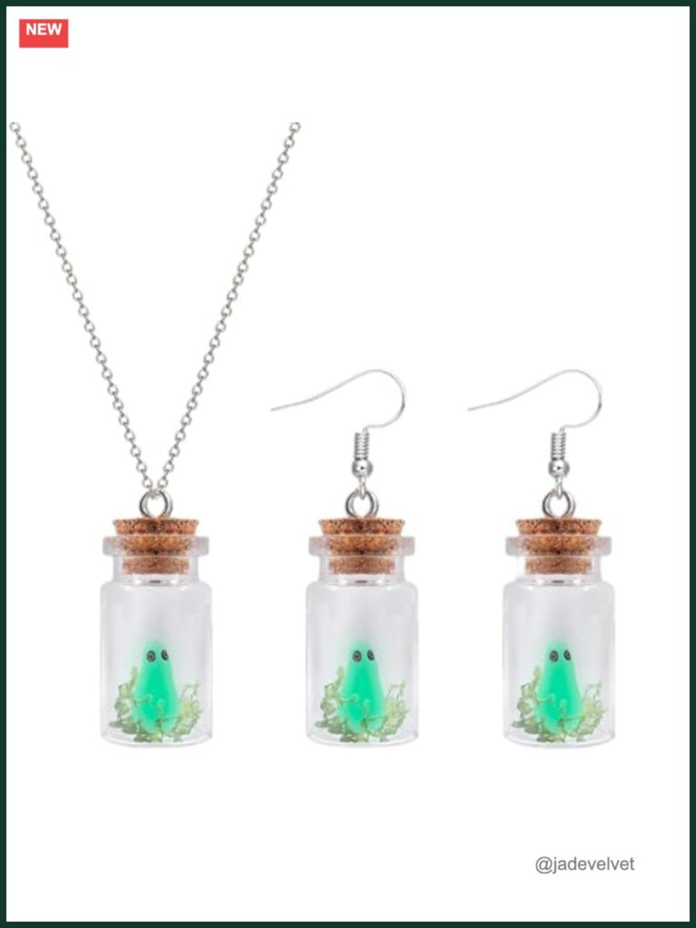 Glow in the Dark Ghost Bottle Necklace and Earrings Set Halloween Jewelry
